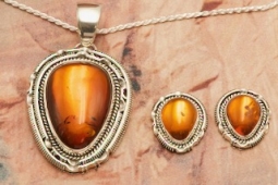 Artie Yellowhorse Genuine Amber Sterling Silver Pendant and Earrings Set